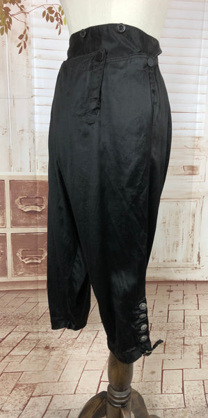 Original Victorian Vintage Black Satin Fall Front Livery Breeches Trousers