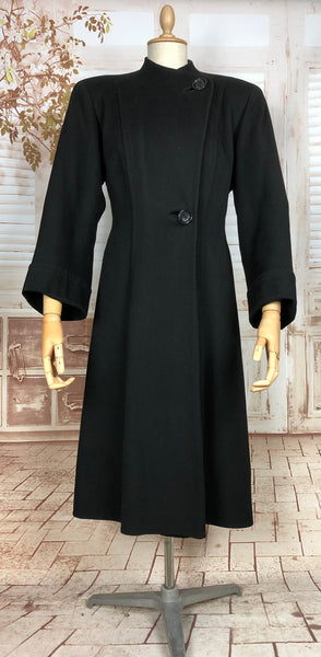 Amazing Original 1940s Vintage Classic Black Princess Coat With Strong Shoulders