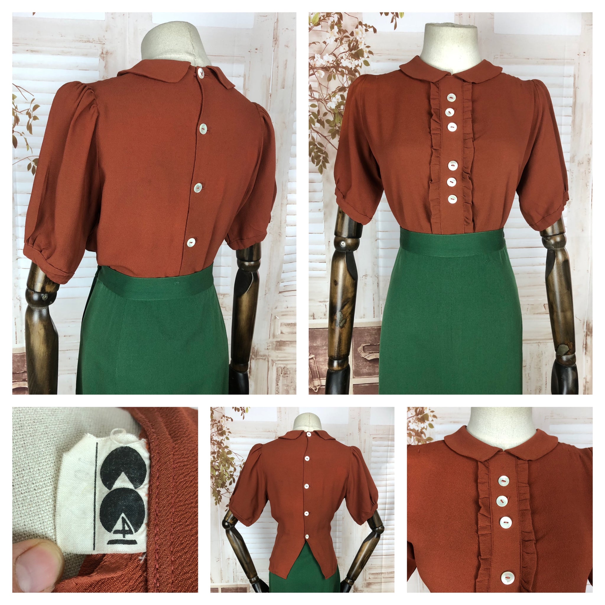 Original Vintage 1940s 40s Rust Red Puff Sleeve Blouse CC41