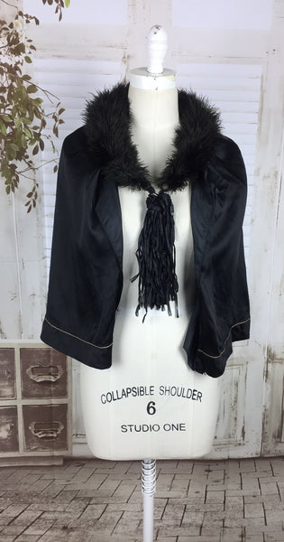 Original 1920s 20s Black Satin Cape With Ostrich Feather Boa And Tassels By John Orton