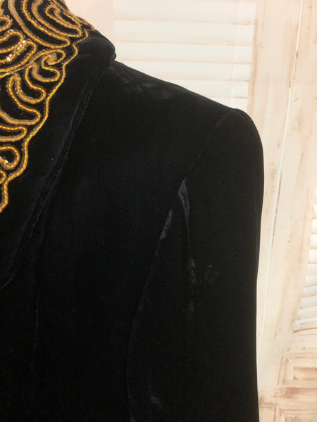 Incredible Original 1930s 30s Vintage Black Velvet Evening Coat With Gold Sequinned Collar