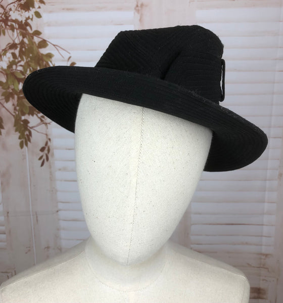 Rare 1930s 30s Vintage Black Topstitched Ladies Fedora Hat