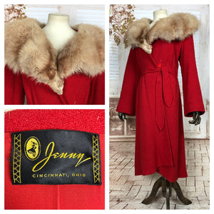 Incredible Original Red 1940s 40s Vintage Belted Princess Coat With Huge Fox Fur Collar