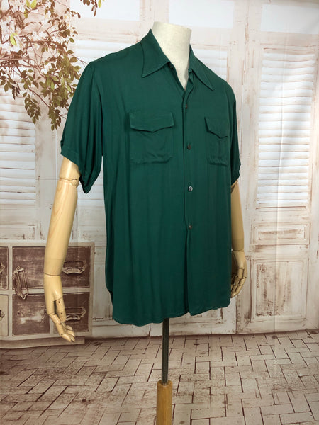 Original 1940s 40s Vintage Emerald Forest Green Gabardine Shirt By Daily Double XXL