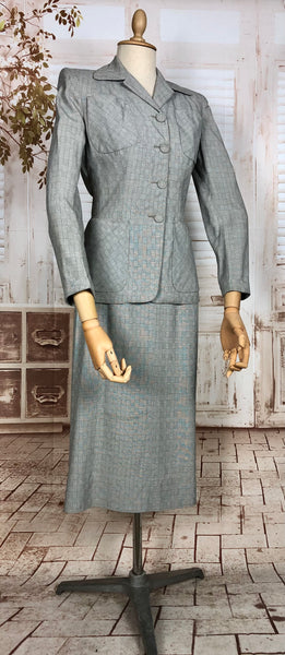 Unusual 1940s Original Vintage Grey Basket Weave Effect Skirt Suit With Pockets
