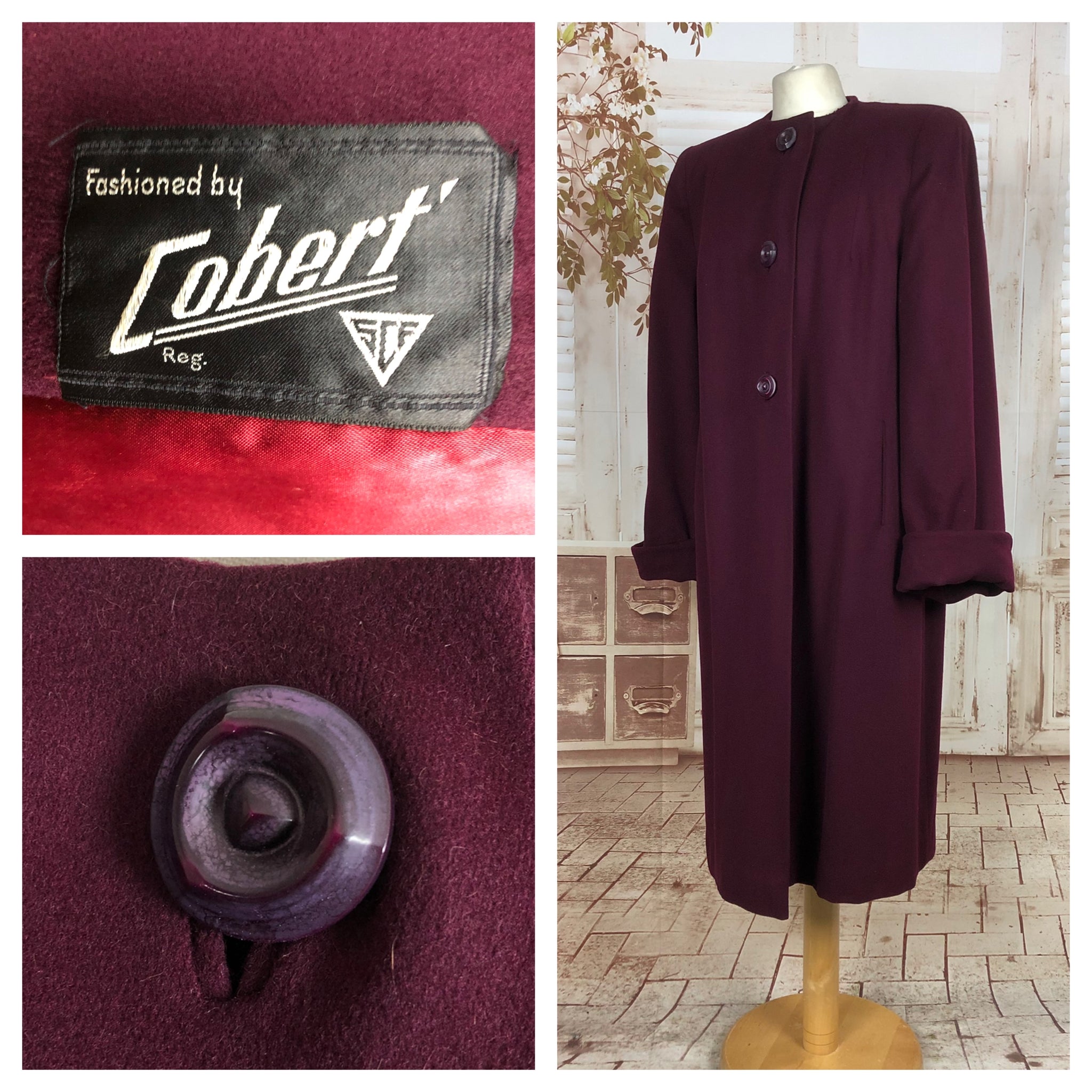 Original Vintage 1940s 40s Plum Purple Wool Collarless Coat By Cobert