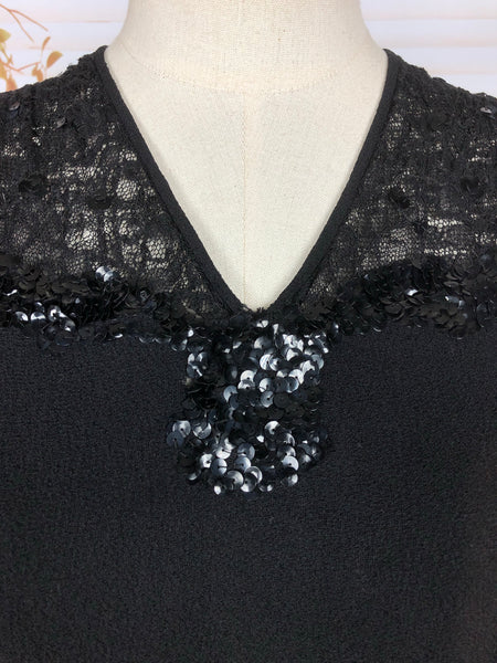 Stunning Original Volup Vintage 1940s 40s Little Black Dress With Lace And Sequins