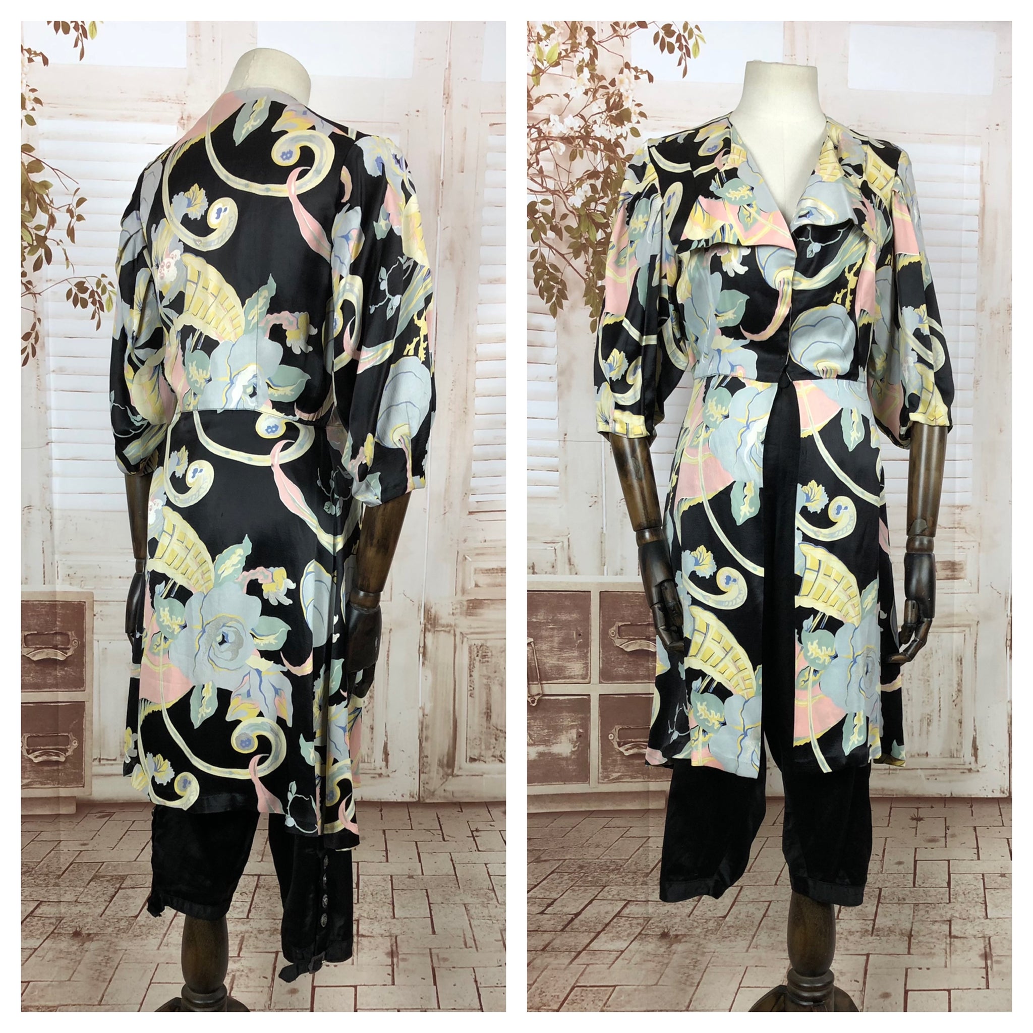 RESERVED FOR LESLEY - Original Vintage 1930s 30s Satin Tunic With Hawaiian Inspired Floral Print