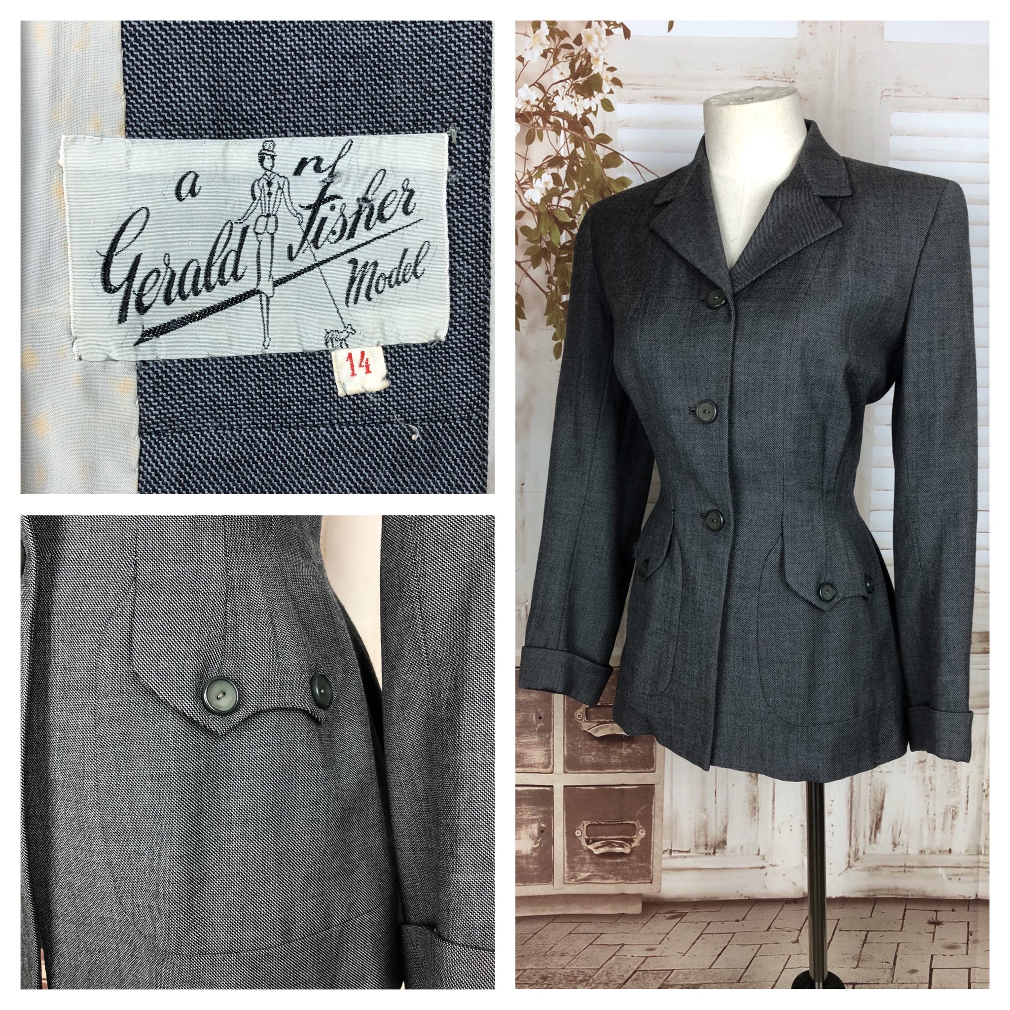 Original 1940s 40s Grey Wool Suit Jacket With Gorgeous Pockets