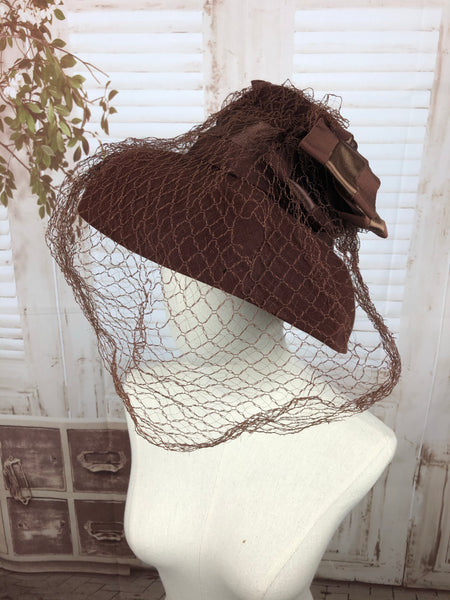 Original 1940s 40s Vintage Chocolate Brown Fedora Hat With Veil