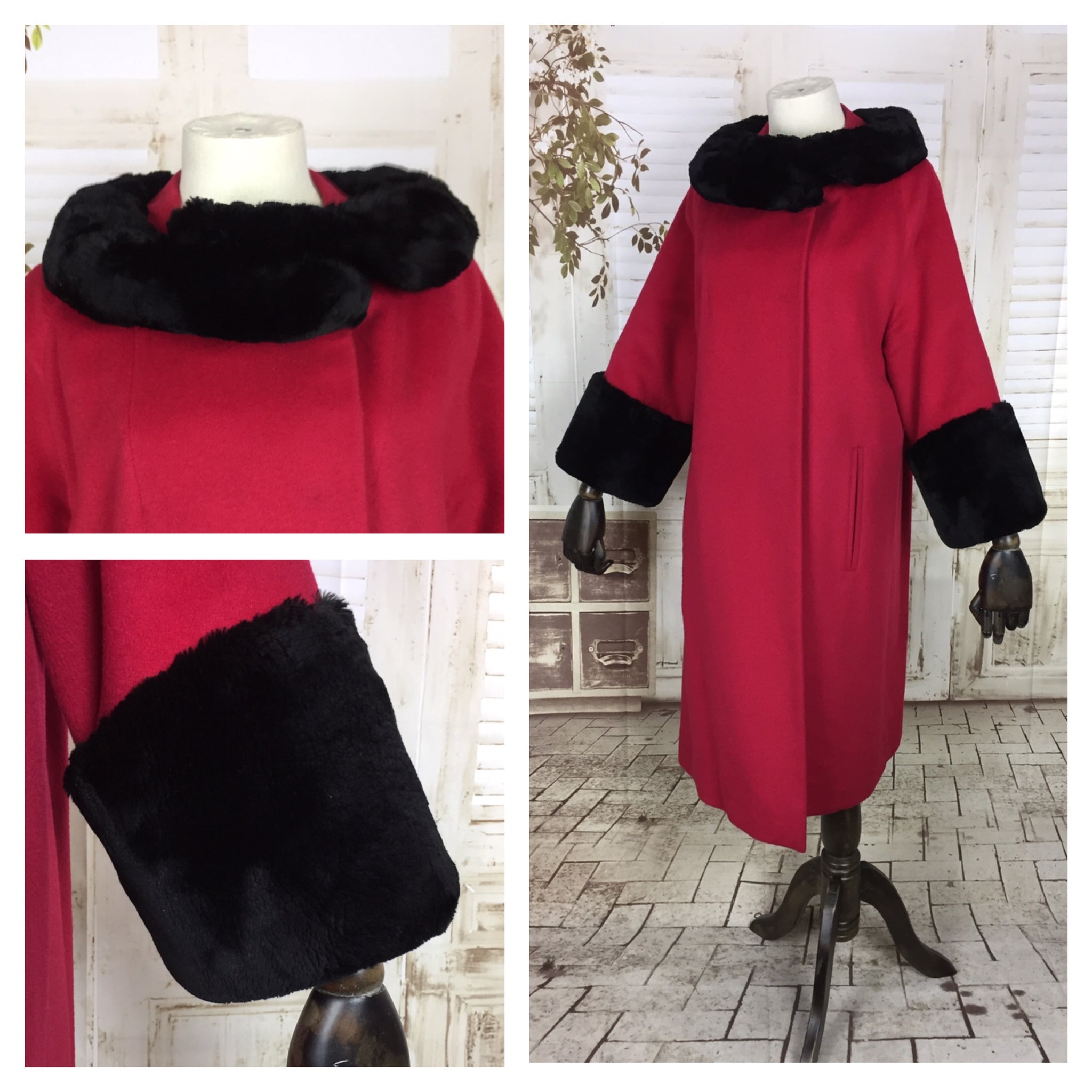 Original 1950s 50s Raspberry Red Cashmere Wool Clutch Coat With Dark Brown Black Shorn Fur Collar And Cuffs
