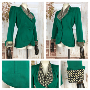 LAYAWAY PAYMENT 2 of 2 - RESERVED FOR FENICE - Stunning Original 1940s 40s Vintage Emerald Green Blazer With Gorgeous Lining And Arrow Pockets