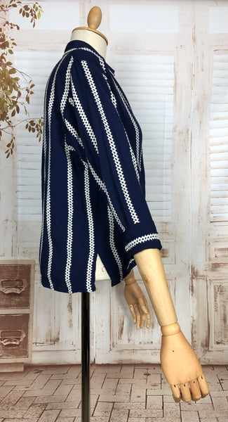 Gorgeous Late 1940s / Early 1950s Vintage Navy Blue Casual Jacket With Embroidered Stripes