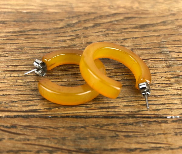 Chartreuse Orange Semi Translucent Bakelite Hoop Pierced Earrings