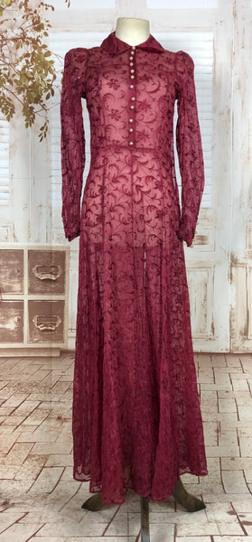 Stunning Original 1930s Vintage Burgundy Embroidered Full Length Dress With Puff Sleeves
