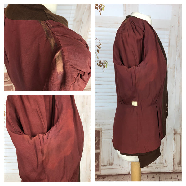 Rare Original Volup Vintage Early 1940s 40s Beaded Brown Gabardine Jacket With Norfolk Belt Back By Polly Parker