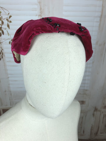Original 1950s 50s Vintage Burgundy Pink Beaded Velvet Half Hat