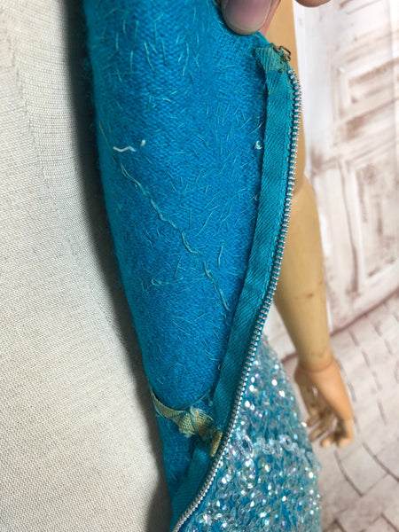 LAYAWAY PAYMENT 1 OF 5 - RESERVED FOR LINDSAY - Exceptional Original 1950s Vintage Fully Beaded Turquoise Gown Hollywood Dress Unlabelled Gene Shelly