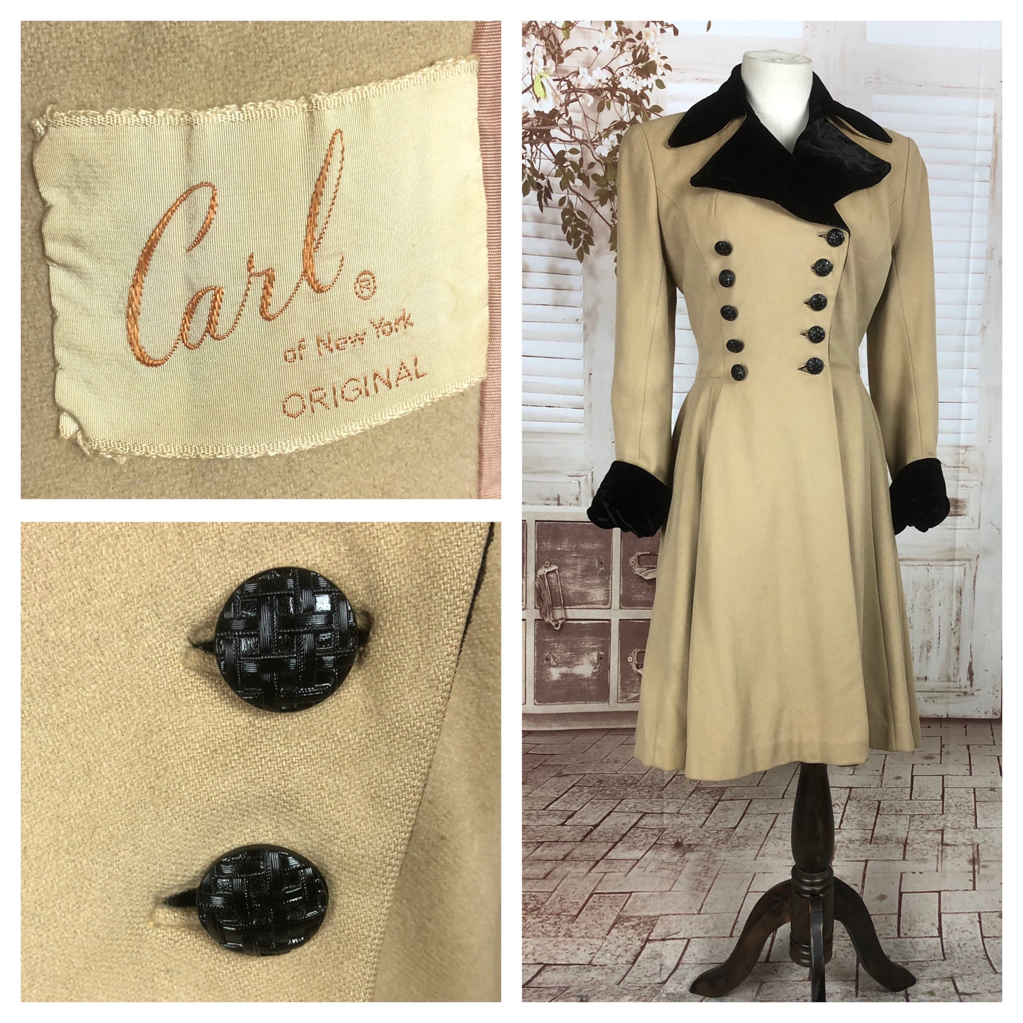 Original Late 1930s Early 1940s Cream Wool Double Breasted Princess Cut Coat With Black Velvet Collar And Cuffs
