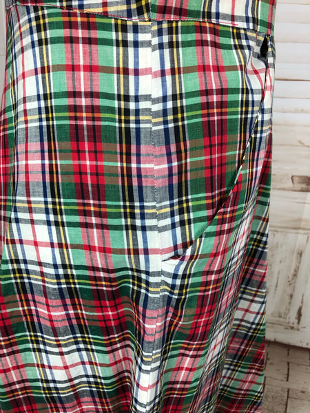Original 1940s 40s Vintage Red And Green Plaid Dress With Glass Buttons