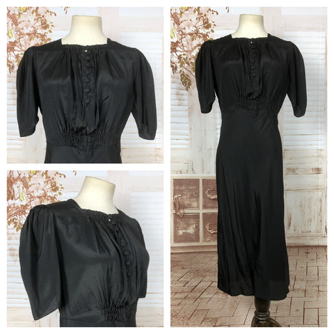 Stunning Original 1930s 30s Black Satin Femme Fatale Puff Sleeve Dress