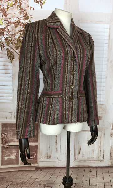 Rare Original Vintage Late 1940s 40s / Early 1950s 50s Blazer With Brown Grey And Pink Stripes By Hollywood Premiere