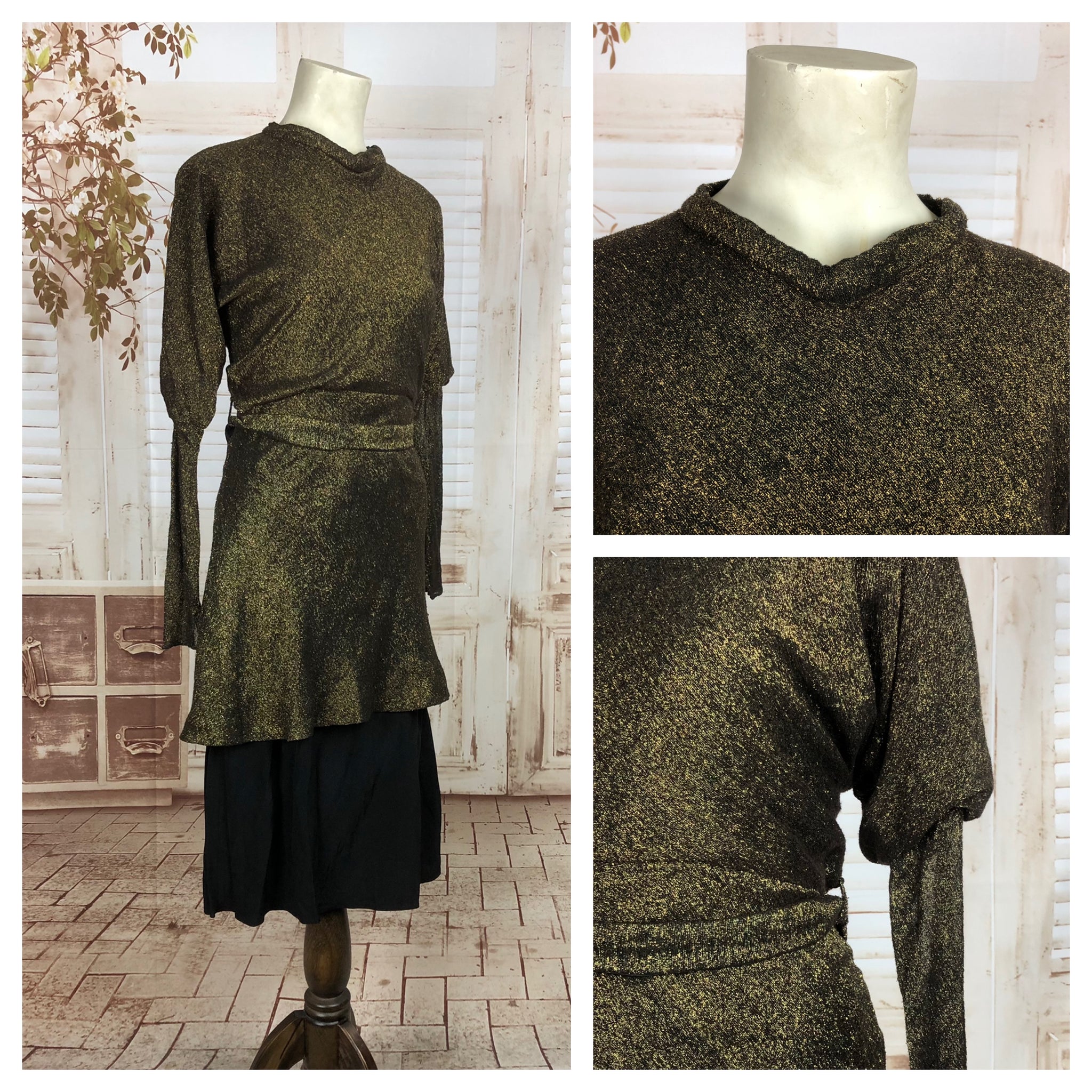 Original 1930s 30s Vintage Belted Lamé Thread Dress With Juliette Sleeve