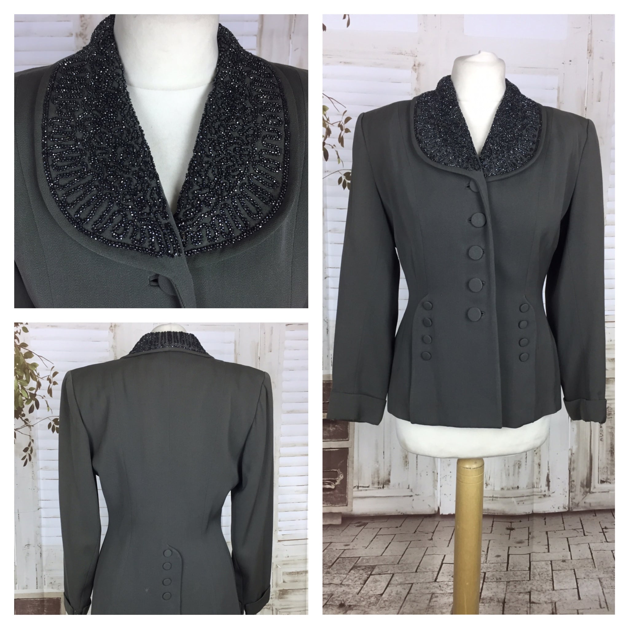Original 1940s 40s Vintage Grey Gabardine Gab Jacket With Beaded Collar And Decorative Buttons 