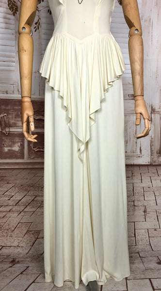 Incredible Original Late 1930s / Early 1940s White Evening Gown / Wedding Dress With Lamé Soutache And Waterfall Peplum