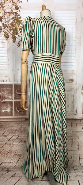 Extraordinary Original Late 1930s 30s / Early 1940s 40s Vintage Full Length Green Striped Maxi Dress