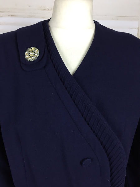 Original 1940s 40s Volup Vintage Navy Blue Wool Asymmetric Pin Tucked Day Dress