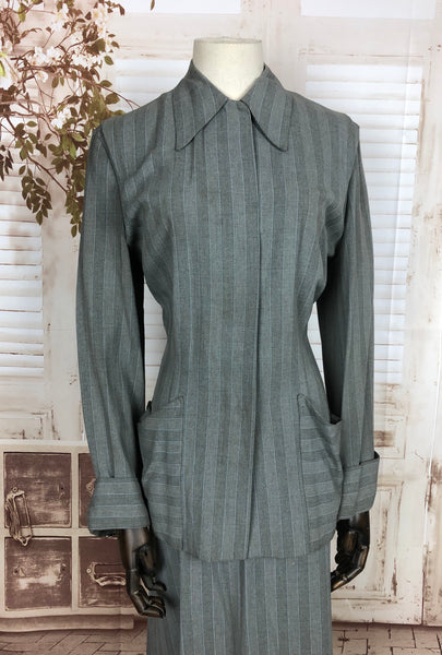 Original 1940s 40s Vintage Grey And Blue Striped Gabardine Skirt Suit