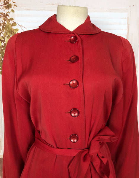 Stunning Original 1940s Volup Vintage Red Gabardine Belted Trench Coat