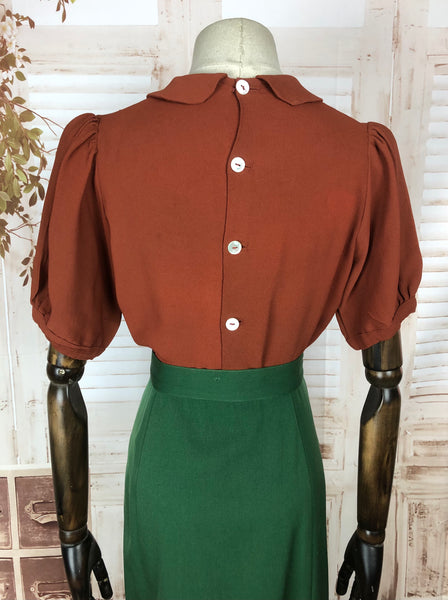 Original Vintage 1940s 40s Rust Red Puff Sleeve Blouse CC41