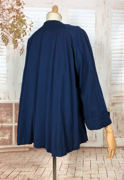 Incredible Original 1940s Volup Vintage Blue Gabardine Swing Coat With Beaded Pockets