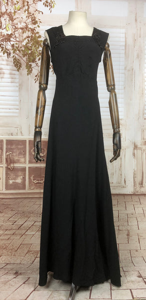 Original 1930s 30s Vintage Black Crepe Evening Gown With Beaded Passementerie Tassels