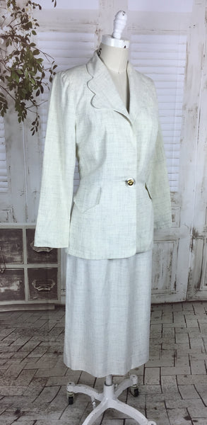Original 1940s White Gabardine With Blue Criss Cross Pattern Vintage Skirt Suit By Deanna Dee