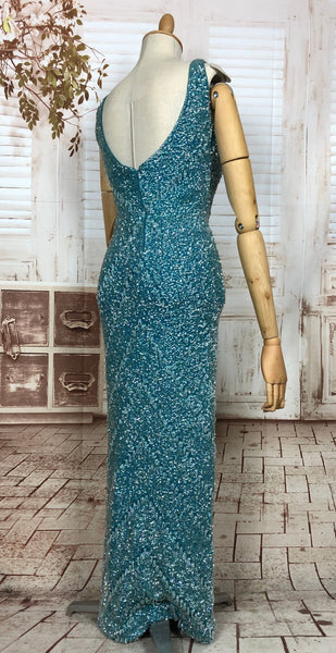 LAYAWAY PAYMENT 1 OF 5 - RESERVED FOR LINDSAY - Exceptional Original 1950s Vintage Fully Beaded Turquoise Gown Hollywood Dress Unlabelled Gene Shelly