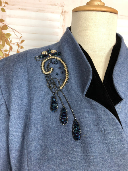 Fabulous Original Late 1940s Volup Vintage Steel Blue Beaded Skirt Suit