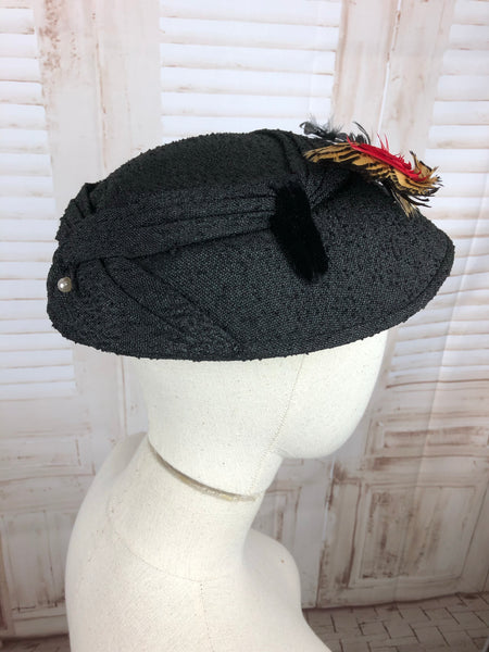 Original 1950s 50s Vintage Black Straw New Look Hat with Feathers