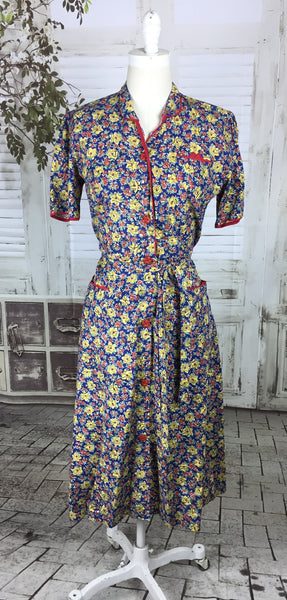 Original 1950s Vintage Novelty Print Floral House Dress With Red Bakelite Buttons