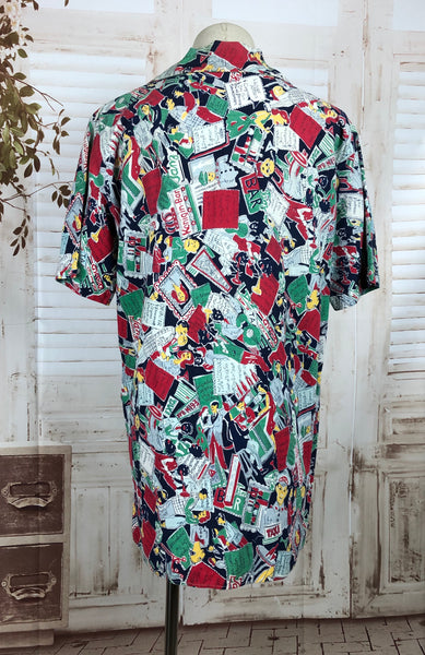 Original 1950s 50s Vintage Novelty Print Smock Blouse With Bar And Cocktail Theme