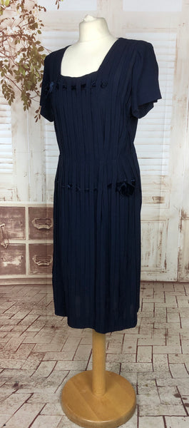 Original 1940s 40s Vintage Midnight Blue Day Dress With Stripe Panels And Velvet Ribbons By Robin Fashions