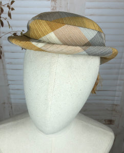 Original Vintage Late 1940s 40s Mustard Yellow And Grey Plaid Hat