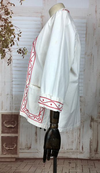 Rare Late 1940s / Early 1950s Vintage White And Red Hungarian Eastern European Embroidered Folk Smock Top Jacket
