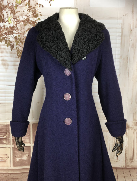 Fabulous Late 1940s Early 1950s Original Vintage Purple Boucle Wool Princess Coat With Astrakhan Collar