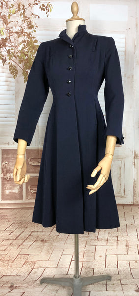 Unusual Original 1940s Vintage Navy Blue Princess Coat with Scarf Detail By Windsmoor