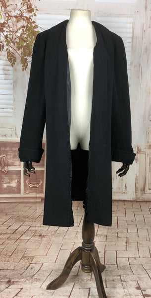Original 1930s 30s Vintage Black Wool Coat With Blue Beaded Trim