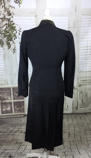 Original 1940s Black Faille Vintage Skirt Suit With Gold Lurex Collar And Pockets