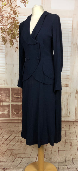 Original 1930s 30s Vintage Navy Blue Textured Crepe Skirt Suit